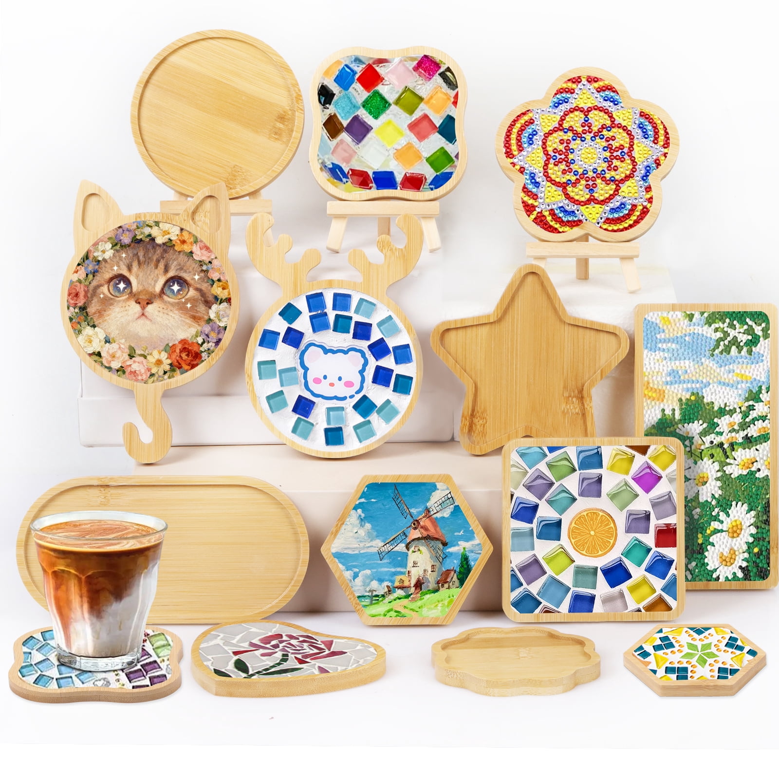 12 pcs Wooden Mosaic Bases, Assorted Shapes DIY Blank Base Trays Drinking Cup Coaster Wood Surface for Handmade Glass Tile Crafts & Mosaic Art Supplies