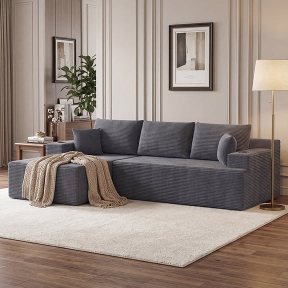 105" Dark Gray Corduroy Modular Sectional Sofa, L-Shaped 2-Piece Deep Seat with Cup Holders, No Assembly Required