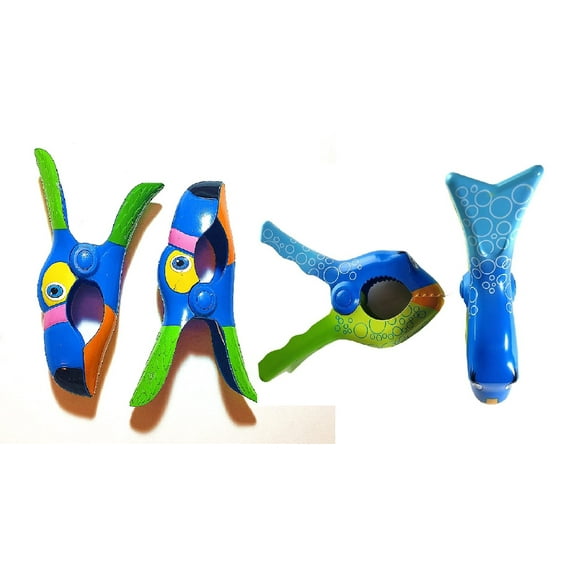 2 Set (4 Ct) Blue Toucan / Bubble Fish Beach Towel Clips Jumbo Size for Beach Chair, Cruise Beach Patio, Pool Accessories for Chairs, Household Clip, Baby Stroller