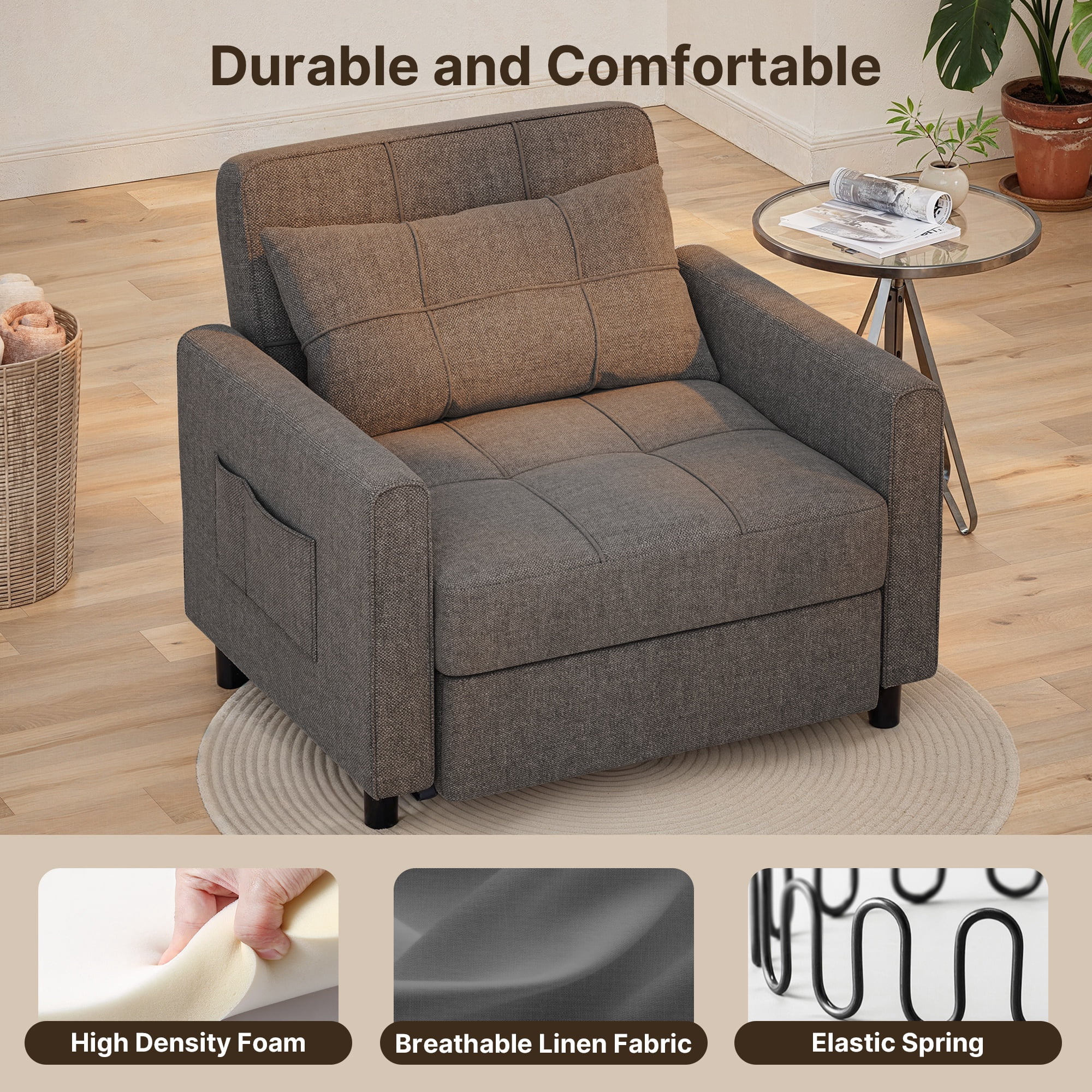 Sofa Bed Chair Convertible, Sleeper Chair with Pull-Out Bed, 3-in-1 Futon Couch with Reclining Backrest and Side Pocket, Dark Grey