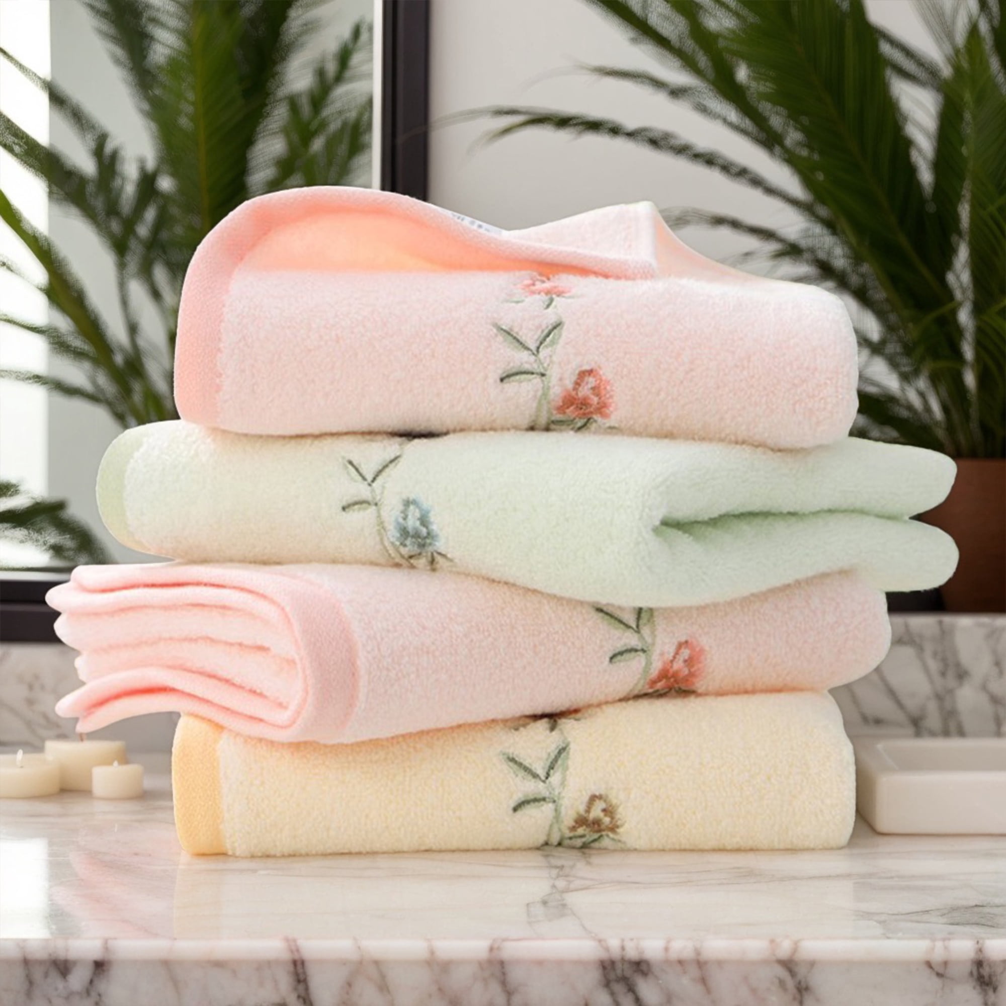 REGALWOVEN Cotton Hand Towels for Bathroom, Floral Embroidered Hand Towel Set, Soft Absorbent Decorative Towel (15 x 30 Inch) Green 4-Piece