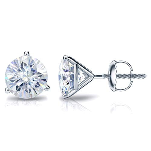 14k White Gold Round Moissanite Stud Earrings (2ct TGW, 6.5mm, H-I) 3-Prong Martini, Screw-Back by Diamond Wish