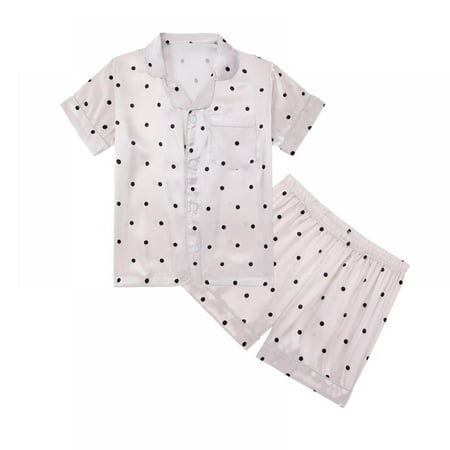 

Baozhu Kids Toddler Baby Girl Boy Satin Pajamas Set Short Sleeve Button Down Pajama Shirt Top+Shorts Bottoms Sleepwear Outfits (5-14T)