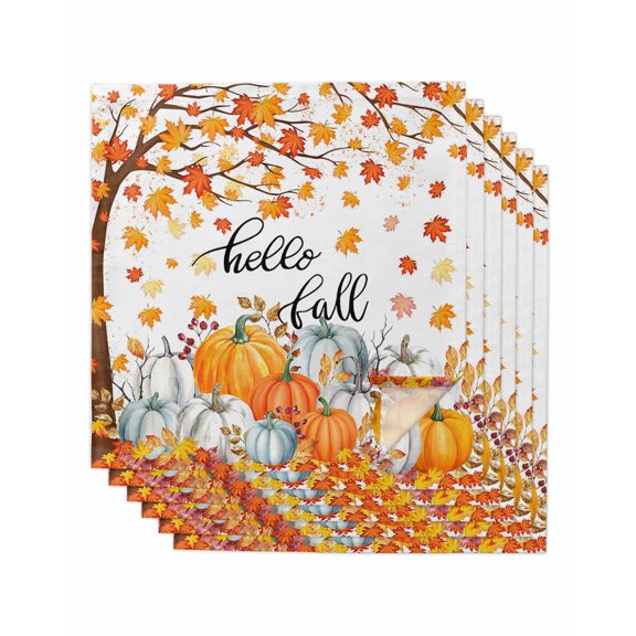 Thanksgiving Cloth Napkins Set of 6 Reusable Dinner Napkins, Fall Maple Leaf Orange White Pumpkin Cocktail Napkin Washable Table Napkins for Wedding/Holiday Party/Baby Shower 20"x20"