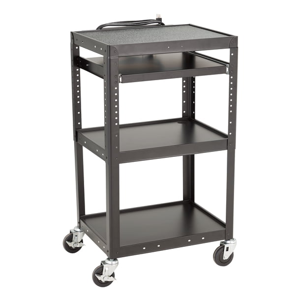 Norwood Commercial Furniture AdjustableHeight Metal AV Cart w/ Electric & Sliding Tray Black