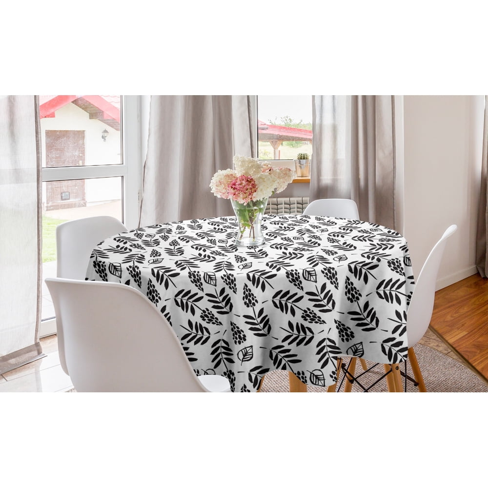Black and White Round Tablecloth, Botanical Pattern with Hand-drawn ...