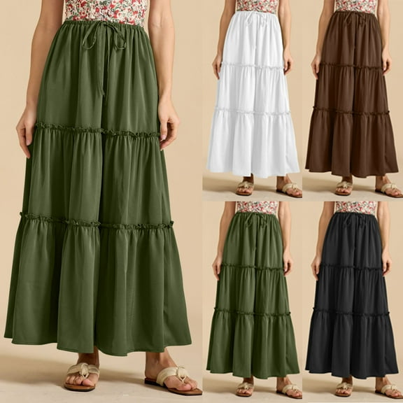 Jinhomg Women's Flowy Boho Maxi Skirt Cute Tiered Maxi Skirt Lightweight Elastic Drawstring Waist A Line Pleated Skirts Casual Summer Beach Long Skirts Brown L