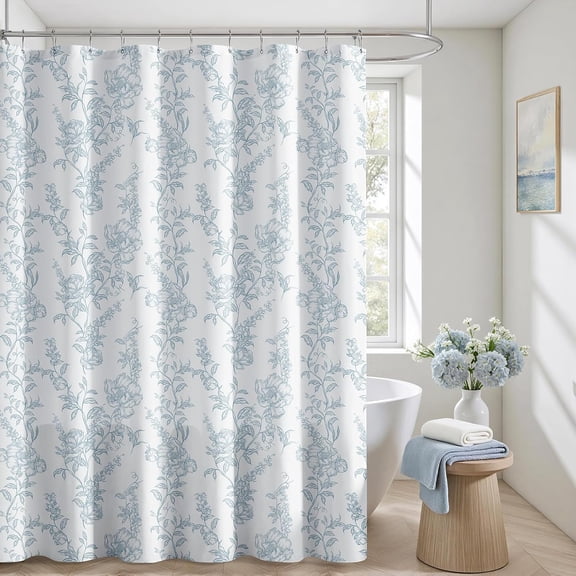 Blue and White Floral Shower Curtain 72x72 Inch, Modern Shower Curtains for Bathroom with Hooks, Waterproof Fabric, SPA Bathroom Decor