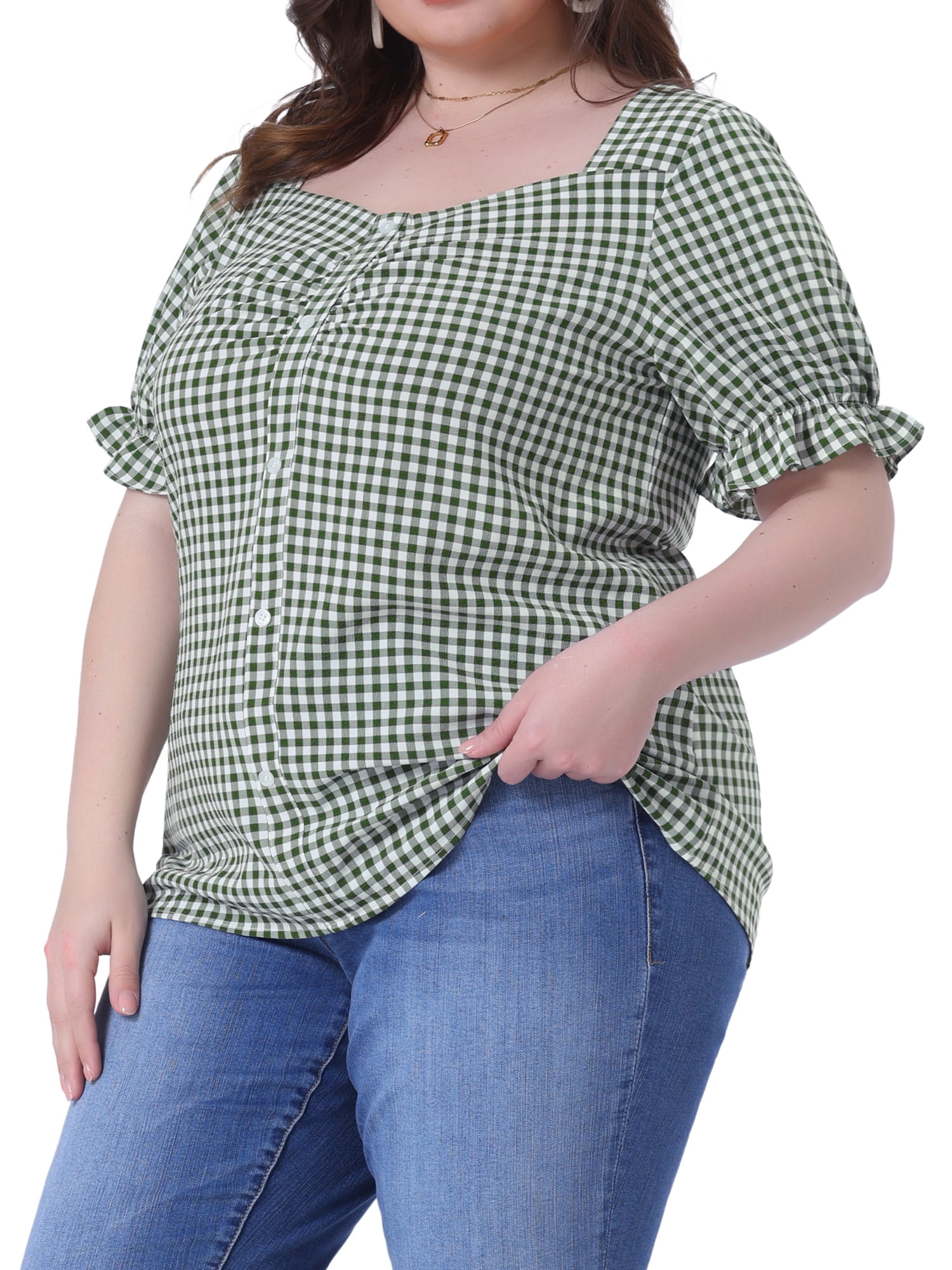 DARING DIVA Women's Plus Size Sweetheart V Neck Puff Short Sleeve Blouse 4X Dark Green