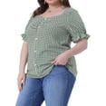 thumbnail image 4 of Agnes Orinda Women's Plus Size Gingham Tops Plaid Sweetheart V Neck Puff Short Sleeve Button Decor Summer 1950s Blouses 1X Dark Green, 4 of 6