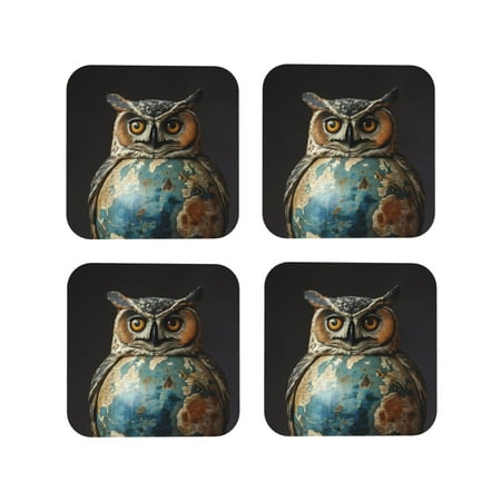 

Drink Coasters Set of 4 Owl Globe Sculpture Leather Coasters for Coffee Table Protector Heat Resistant Cute Coasters for Home Decor Housewarming Gifts Bar Kitchen 4 Inch Square