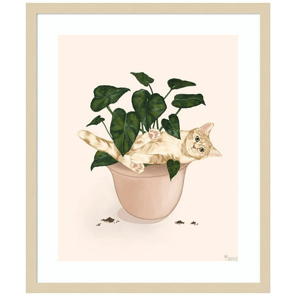 Amanti Art Happy House Plant I Cat Wood Framed Wall Art Print