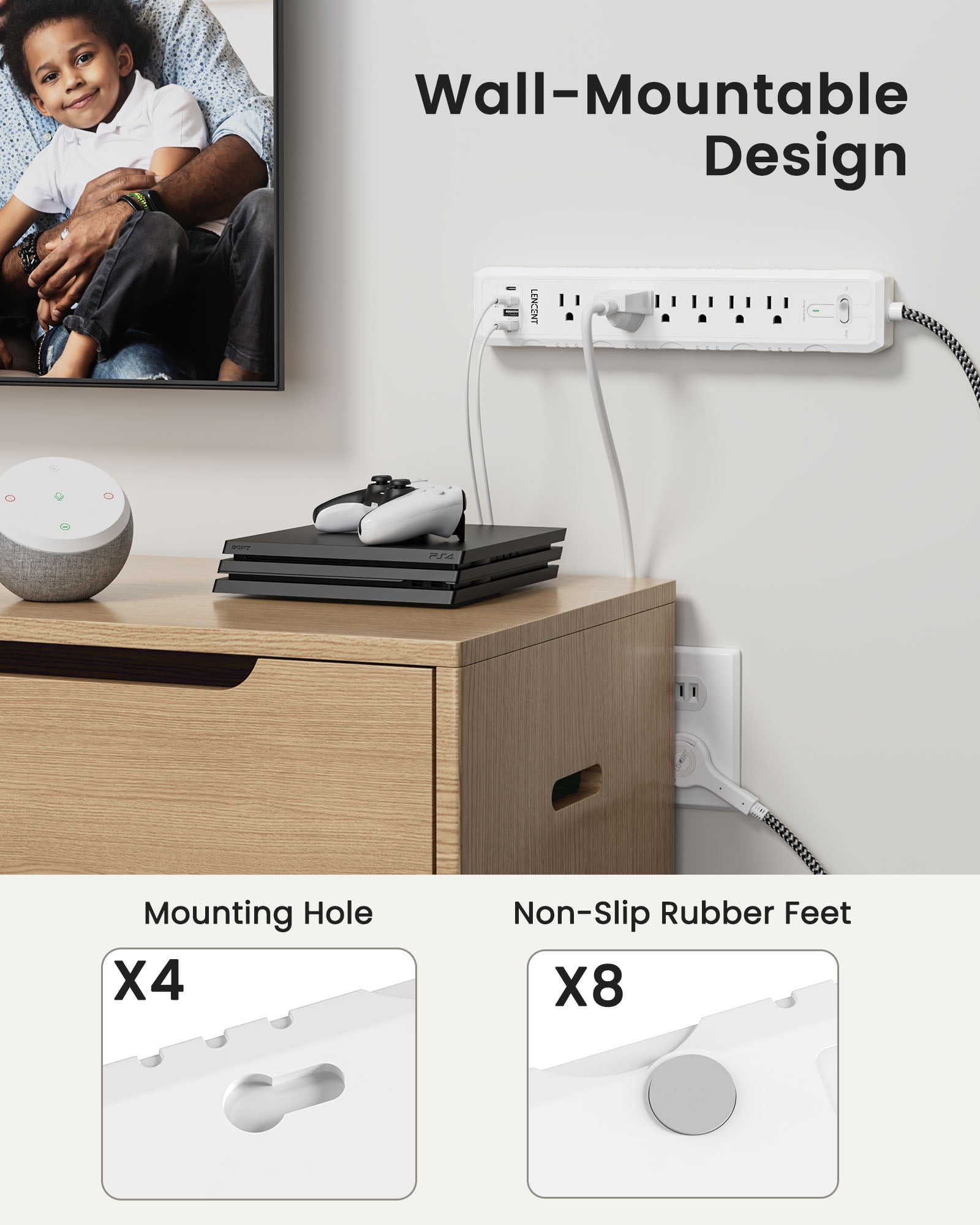 LENCENT 2 Prong Power Strip 6ft, 6AC+4USB(1Type-C), Surge Protector, 2-to-3 Prong Polarized Flat Plug for Indoor