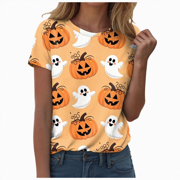CAICJ98 Womens Halloween Shirts Ghost Reading T-Shirt Short Sleeve Spooky Season Pumpkin Graphic V Neck Tops Womens Halloween Tshirts (Yellow,L)
