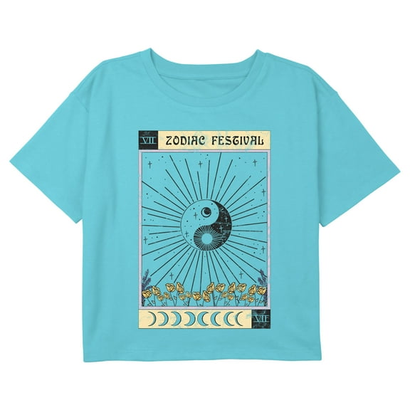 Girl's Lost Gods Zodiac Festival Yin and Yang Graphic Cropped T-Shirt Blue Small