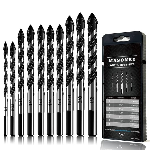 10-Piece Masonry Drill Bits Set for Tile Glass Ceramic Brick Wood,1/8 to 1/2 Inch Drilling Bits with Triangle Handle,YG8 Tungsten Steel Alloy Tip.（Black）