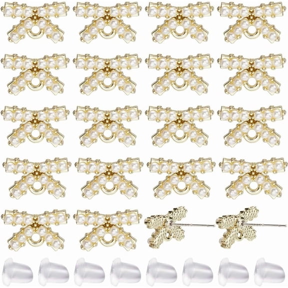 1 Box 50Pcs Earring Posts 20Pcs Bowknot Ear Studs with 30Pcs Plastic Nuts Imitation Pearls Beads Earring Studs with Loop Golden Ear Posts for Jewelry Making Accessories DIY Craft for DIY
