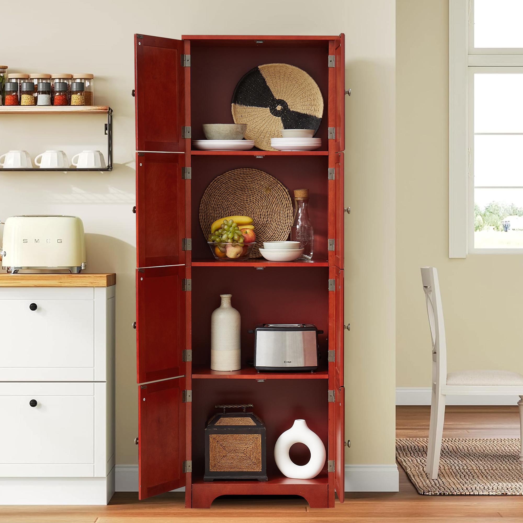 MDQMD Farmhouse Storage Cabinet with Doors and Shelves,72.4'' Tall Kitchen Pantry Cabinet,Wooden Bathroom Cabinet for Hallway,Cherry