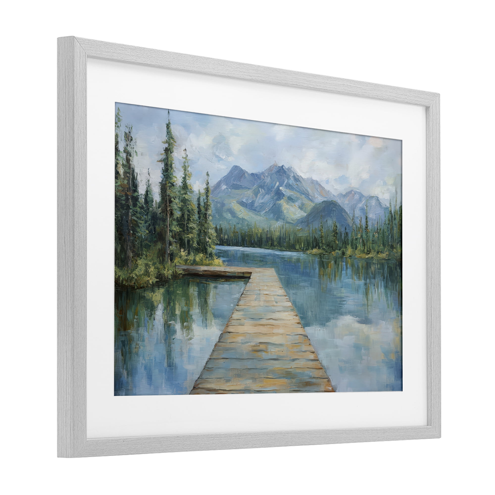 Stupell Industries Peaceful Lake Dock in the Mountains Gray Framed Print Under Glass, design by Petal Prints Design
