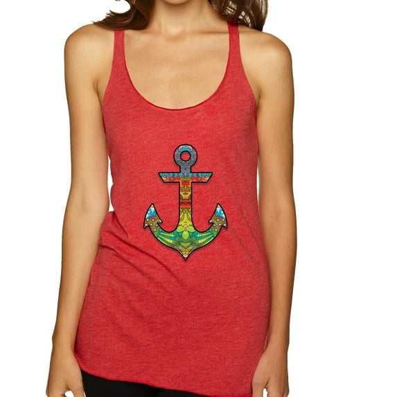 Trippy Mandala Nautical Colorful Mosaic Anchor | Womens Fashion Premium Tri-Blend Racerback Tank Top, Vintage Red, Small