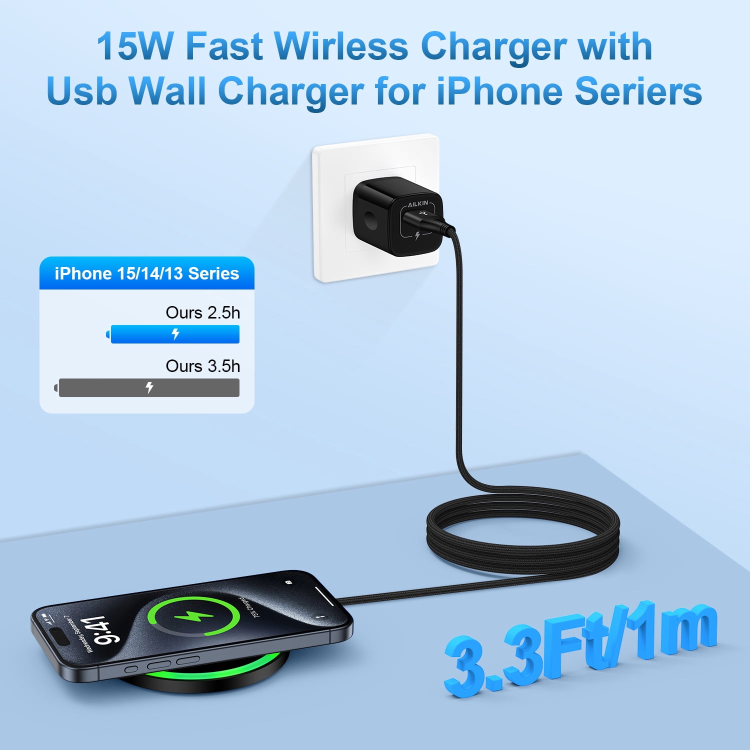 Magnetic Wireless Charger for iPhone,2PACK AILKIN Qi Wireless Charger Stand Fast Charging Pad Mag-Safe Charger for iPhone 15/15 pro/15 plus/15 pro max/ 14/14 pro/14 pro max/13/12/11