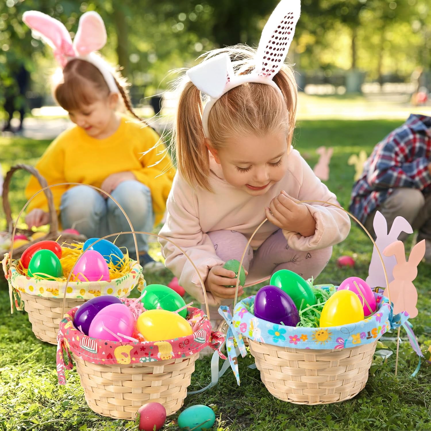 3 Set Wicker Easter Baskets, 10.4" x 7.9"x 4.7" Large Bamboo Easter Basket Empty with Handle, Includes Lining Fabric, Raffia Paper and Easter for Picnic, Spring Party Favors