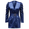 thumbnail image 3 of Leather Mini Dress Long Sleeve Wedding Guest Dress (Navy L), 3 of 4