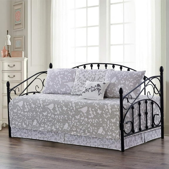 Bilot Birdsong Gray 6 Piece Quilted Daybed Bedding Cover Set with Bedskirt, Matching Pillow Shams, Decorative Pillow, 75" x 39", Soft Lightweight Coverlet Bedspread Quilts Set Daybed Size