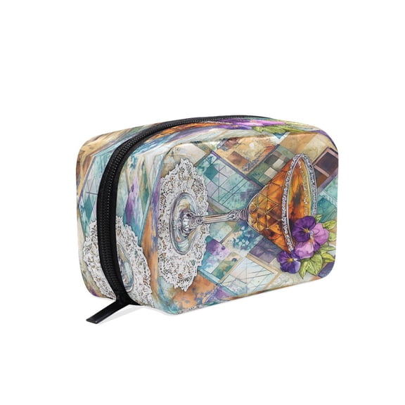 BZSMCE Makeup and Cosmetic Bag Women Simple Cocktail with Purple Flowers Pattern Square Cosmetic Bag