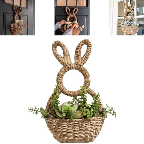 Bunny Basket Hanging Wall Pocket Spring Decor, Hand Woven Wicker Easter Bunny Basket Wall Pocket, Unlined Design Makes it Perfect for Adding for Front Door Decorations Indoor or Outdoor