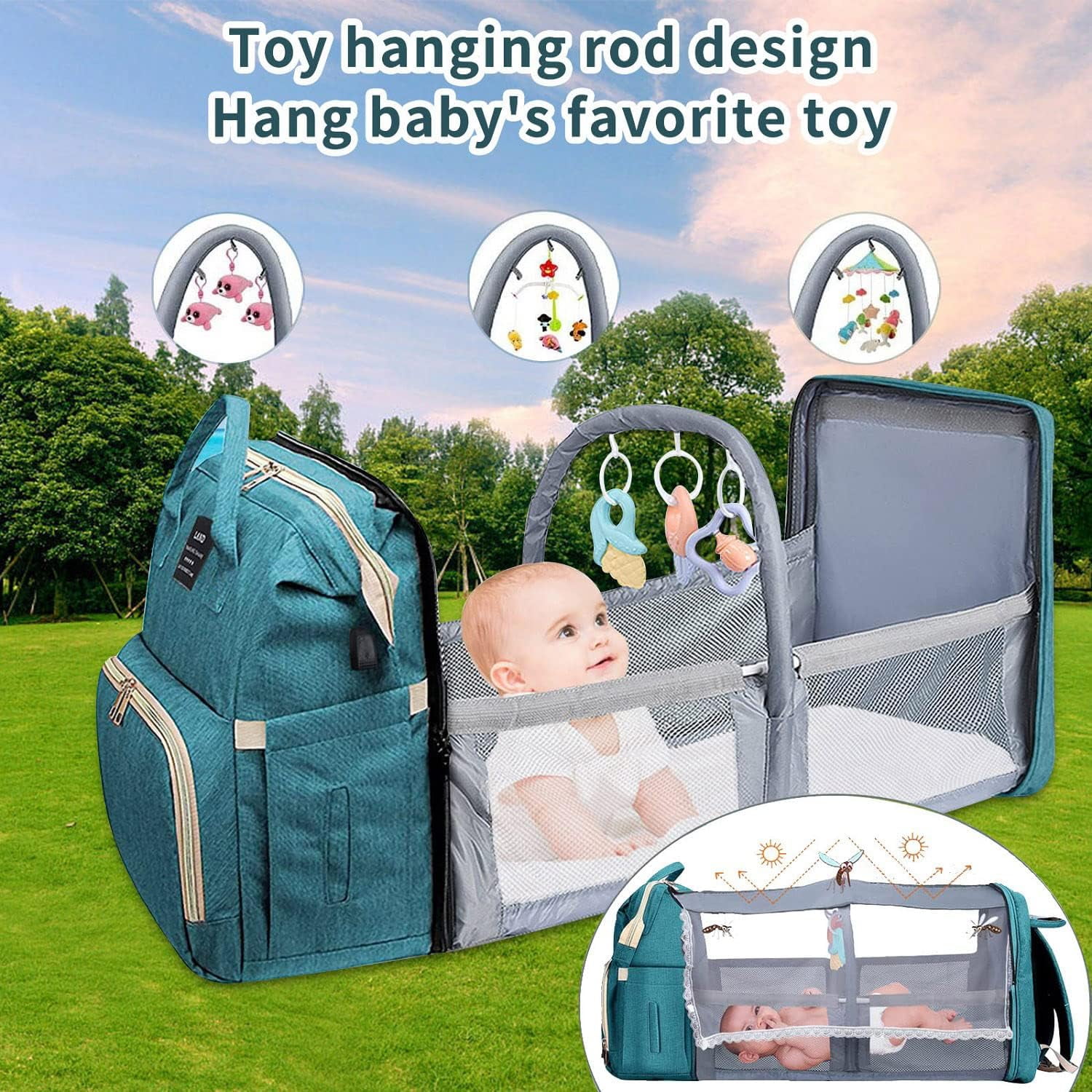 Diaper Bag Backpack, Multifunctional Baby Changing Bag with Foldable Crib & Insulated Milk Bottle Pockets, Large Capacity Portable Travel Backpack with USB Charging Port, Nappy Bag for MomsDads(Green)
