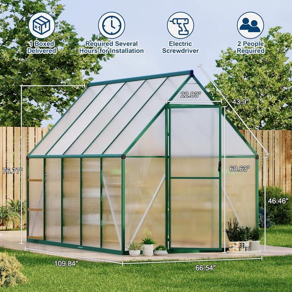 Acekid 6x9FT Outdoor Walk-in Greenhouse, Polycarbonate with Aluminum Frame, Roof Vent, Lockable Door & Ground Nails, Green