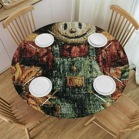 

Jiayy Sunflowers Pumpkin Scarecrow Round Tablecloth Outdoor Fitted 100% Polyester Fiber Halloween Decor 46 -50