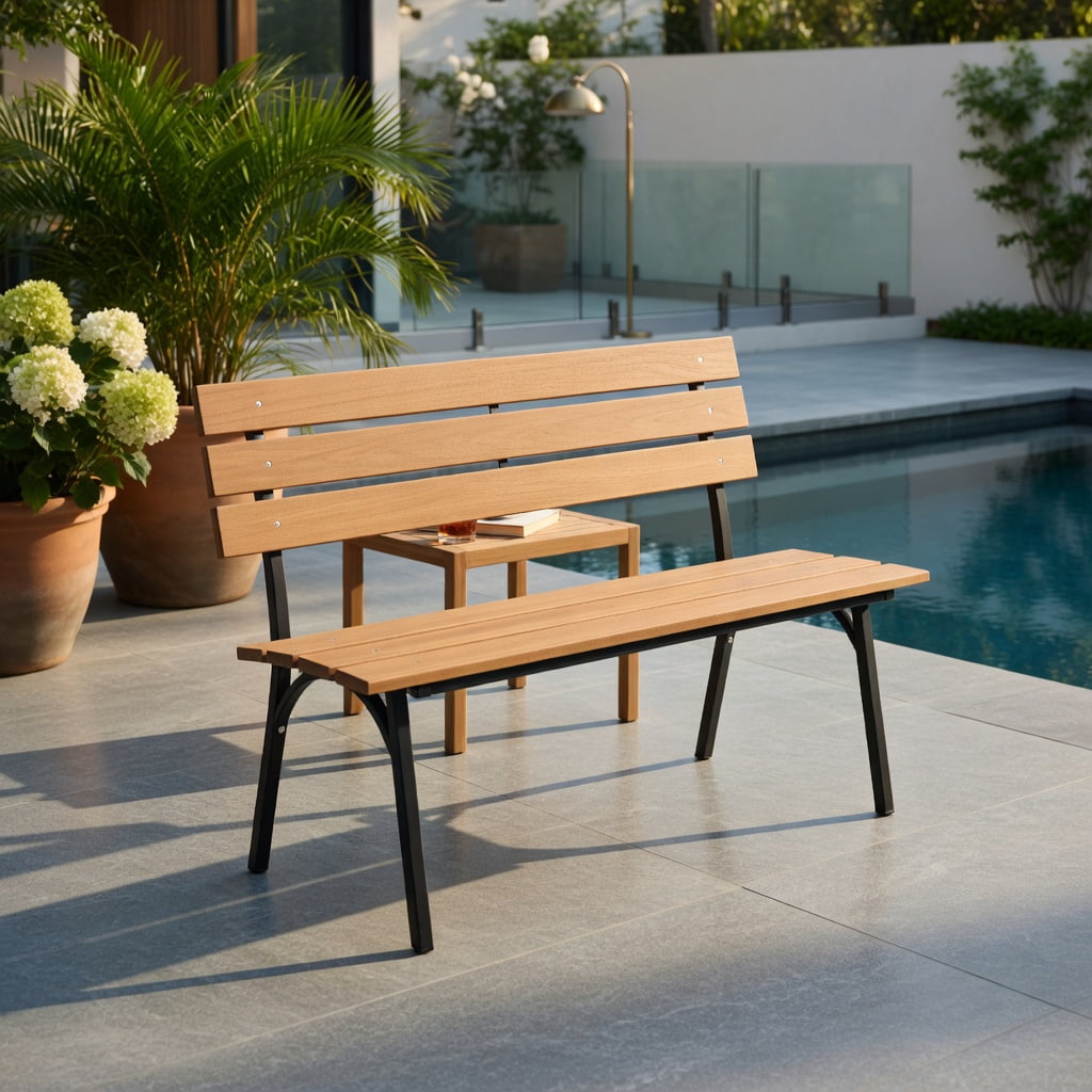 Hommoo 47" Outdoor Acacia Wood Bench with Black Metal Frame, Slatted Patio Bench for Backyard, Garden & Porch, Natural