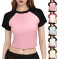 thumbnail image 4 of RYRJJ Womens Y2K Crop Tops Basic Summer Short Sleeve Crewneck T Shirt Raglan Colorblock Slim Fit Casual Going Out Tops(Beige,M), 4 of 4