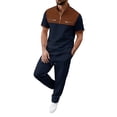 thumbnail image 2 of SOOMLON Men 2 Piece Set Outfit Big and Tall Waffle Zipper Color Block Tees Cropped Pants with Pockets Casual Summer Sets, 2 of 5