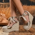 thumbnail image 2 of Rokment Platform Extra Wedge High Heels Dressy Shoes for Women Bride Wedding Beach Patchwork Closed Toe Espadrilles Chunky Heeled Strappy Dress Sandals Summer Fall Gold Size 9.5, 2 of 6