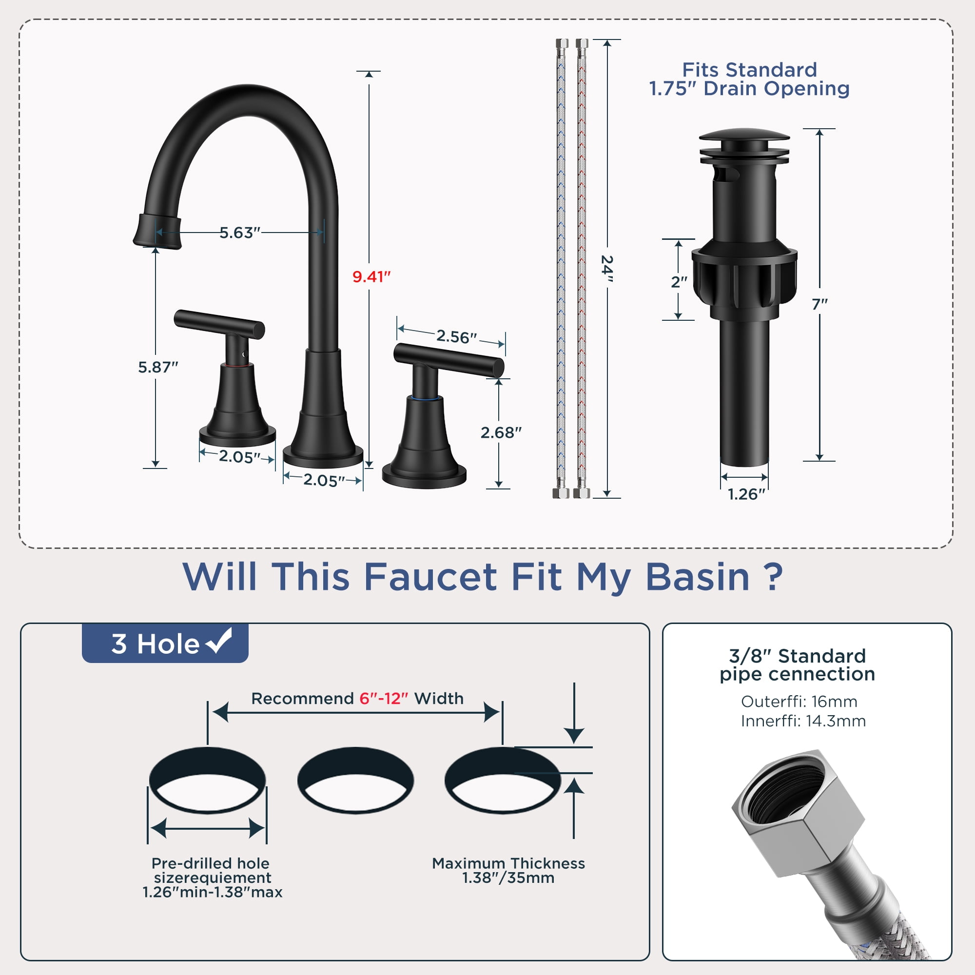 TVOFEK 8 inch Widespread Bathroom Sink Faucet 3 Hole with Pop up Drain and cUPC Hose, 2 Handle Matte Black Vanity Faucet with 360° Spout for Restroom, RV, Bar