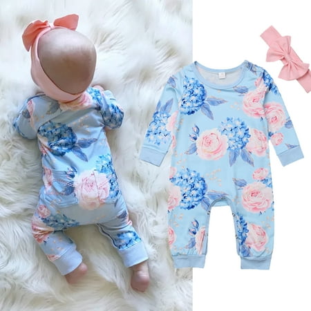 XIAXAIXU Baby Girls Newborn Infant Toddler Long Sleeve Blue Floral Romper Bodysuit Jumpsuit + Headband Clothes 2Pcs Outfit (Best Gift For Infant Girl)