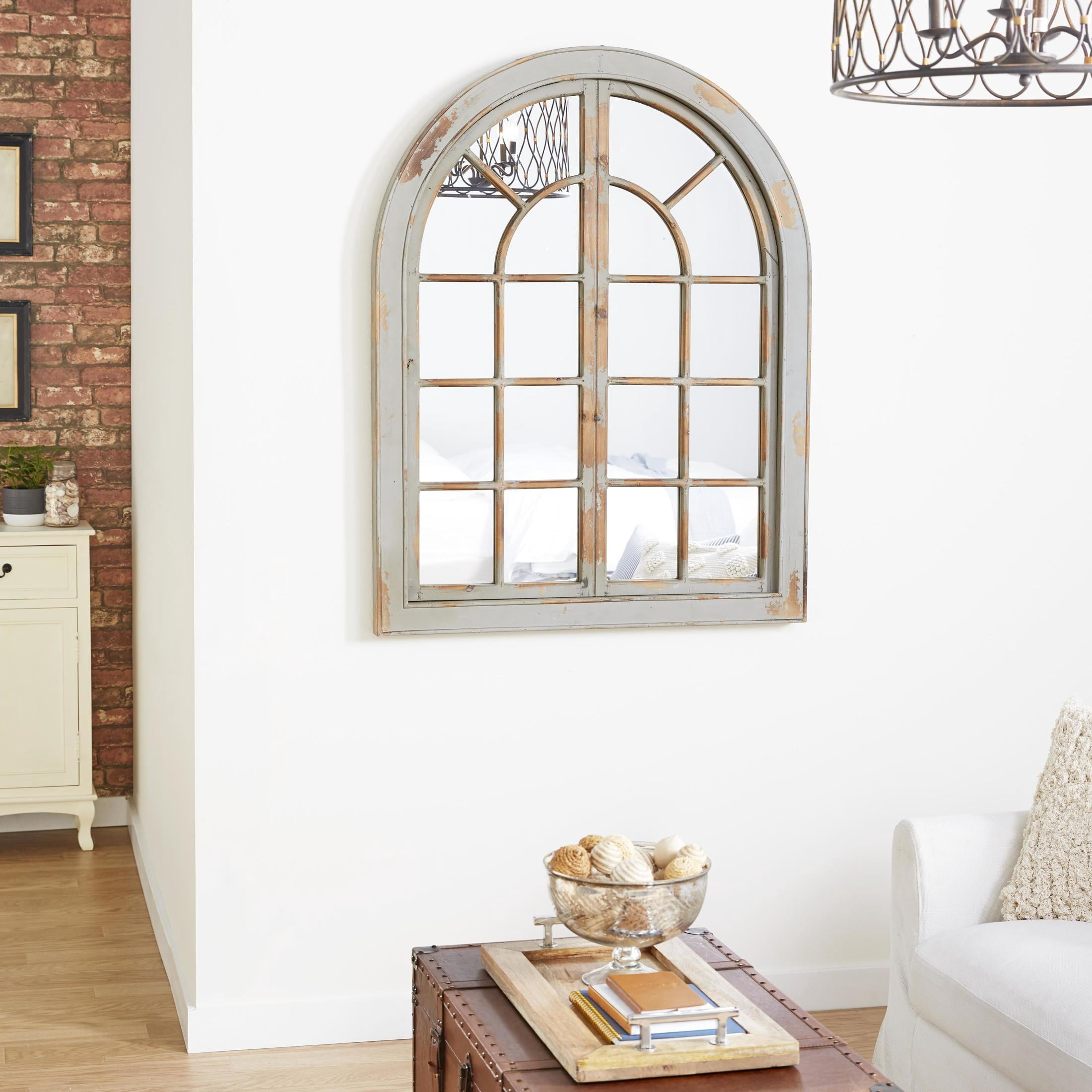 DecMode 37" x 48" Gray Window Pane Inspired Wall Mirror with Arched Top and Distressing