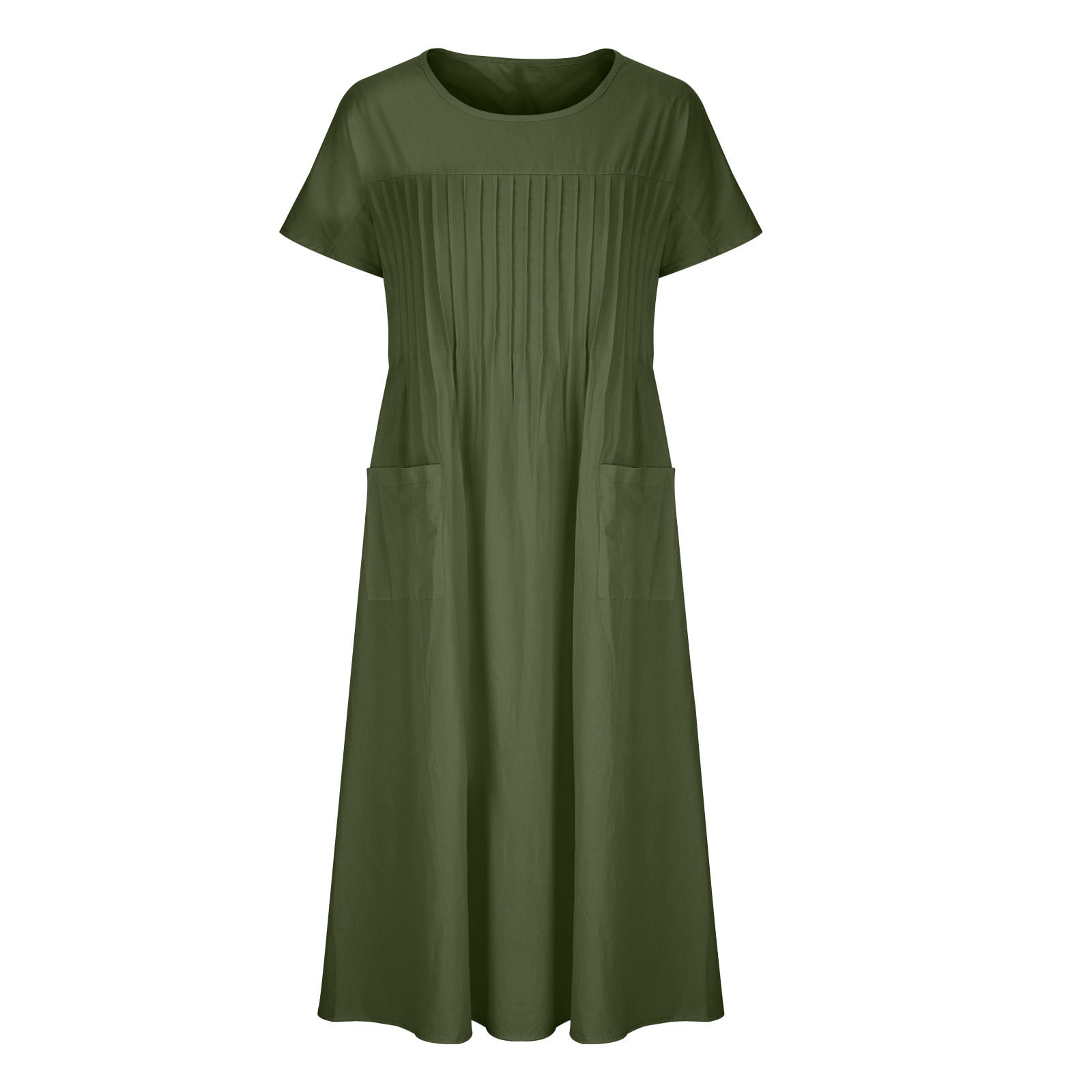 Yuyuzo Women Plus Size Cotton Linen Dress Short Sleeve Midi Dress Crewneck  Flowy A Line Casual Dresses with Pockets