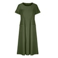 thumbnail image 2 of Kmdttou Dresses for Women Plus Size Plain Long Dress Solid Color Round Neck Pocket Pleated Short Sleeved Cotton Linen Dress Short Sleeved Round Neck Dress, 2 of 5