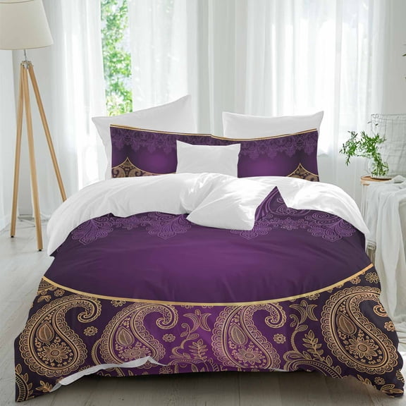 Purple Bohemian Floral Queen Size Comforter Set, Flower Pattern Vintage Luxurious Bedding for All Seasons, 4 Pcs Bed Set, 1Quiltcover (90"x92") ,1Sheet(94"x116"), 2Pillowcases (30"x20")