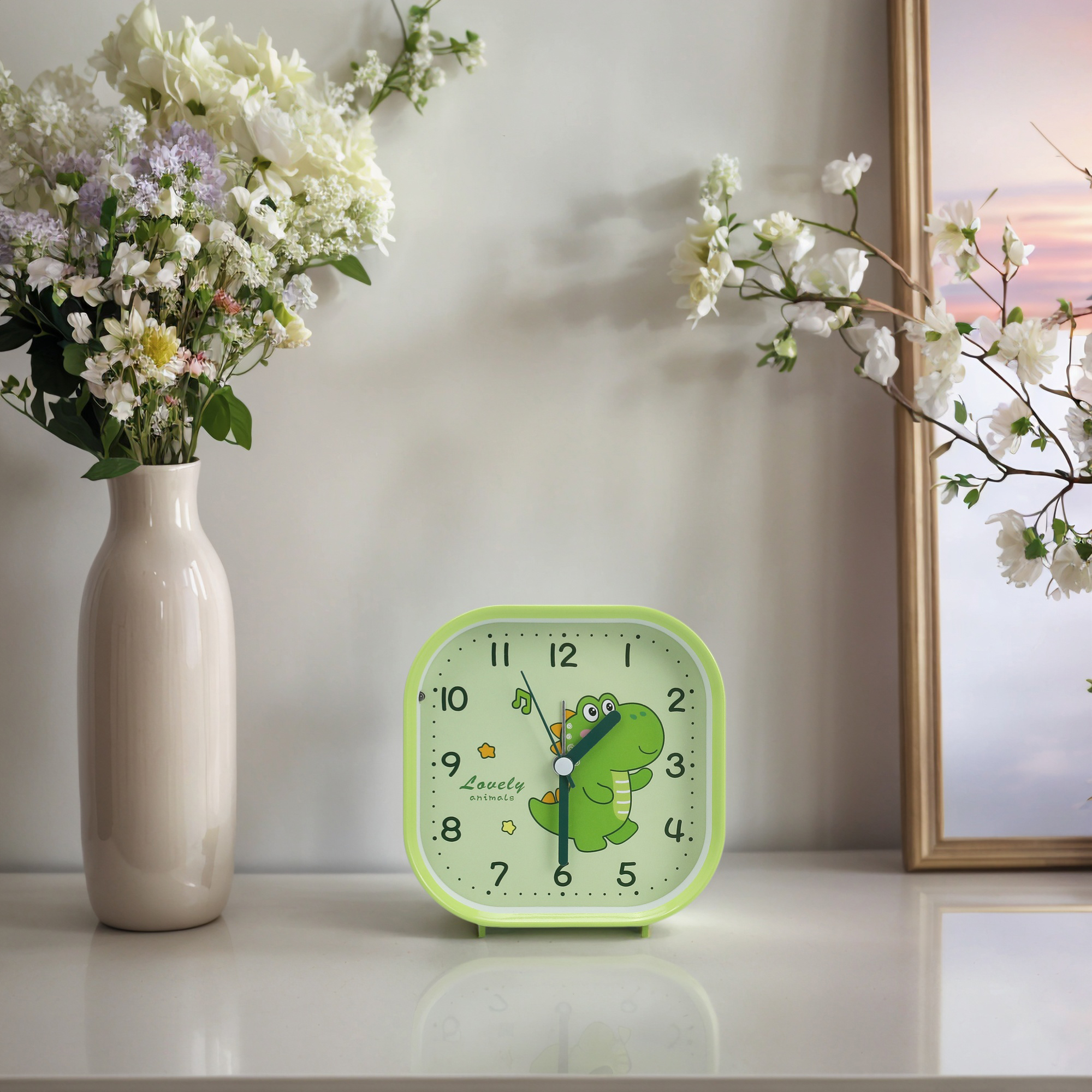 Unique Bargains Square Alarm Clock with Animal Patterns Green 4.1"L x 1.9"W x 4.3"H