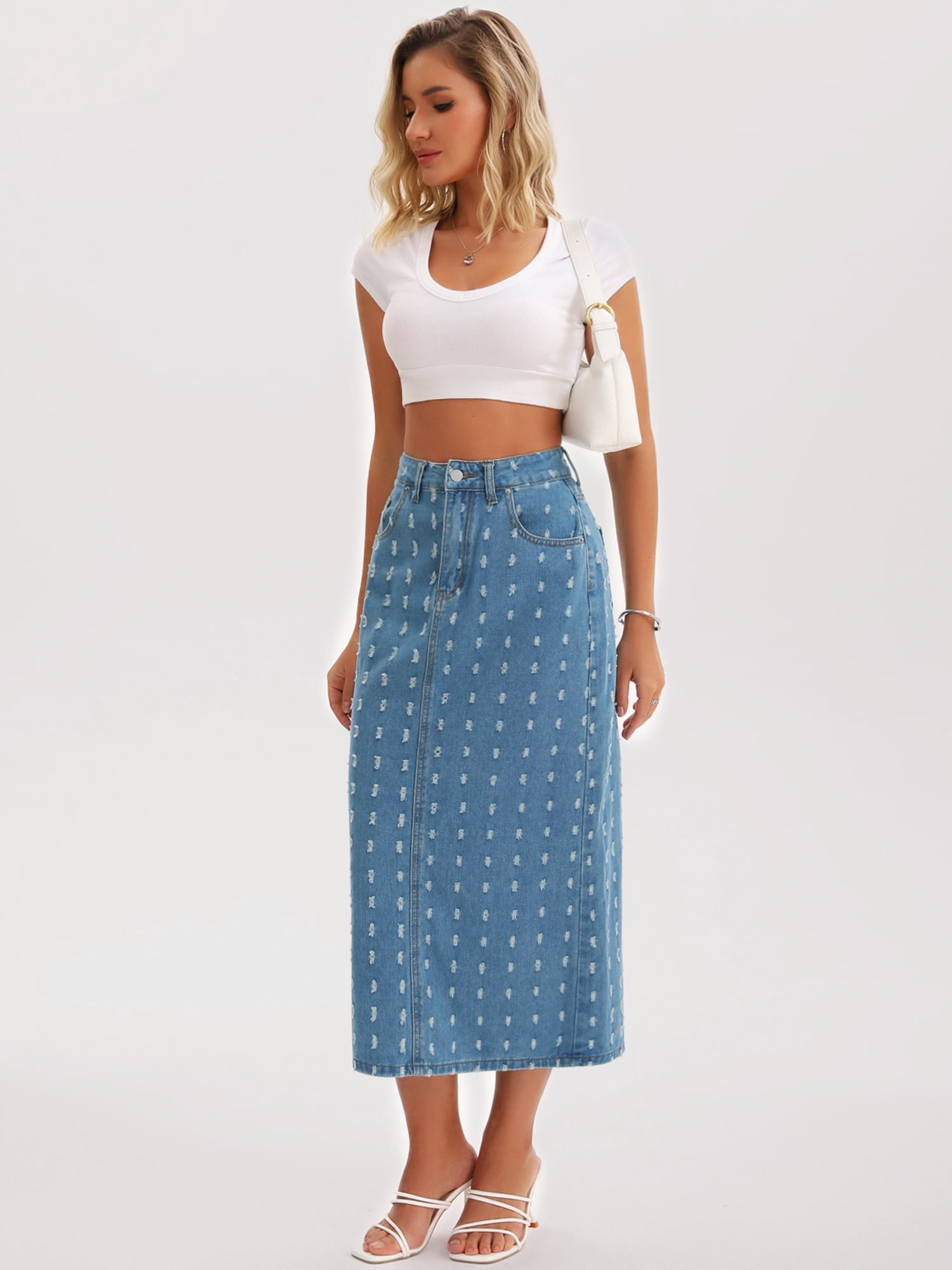 DARING DIVA Women's Denim Ripped Holes Back Slit Midi Jean Skirts Large Light Blue