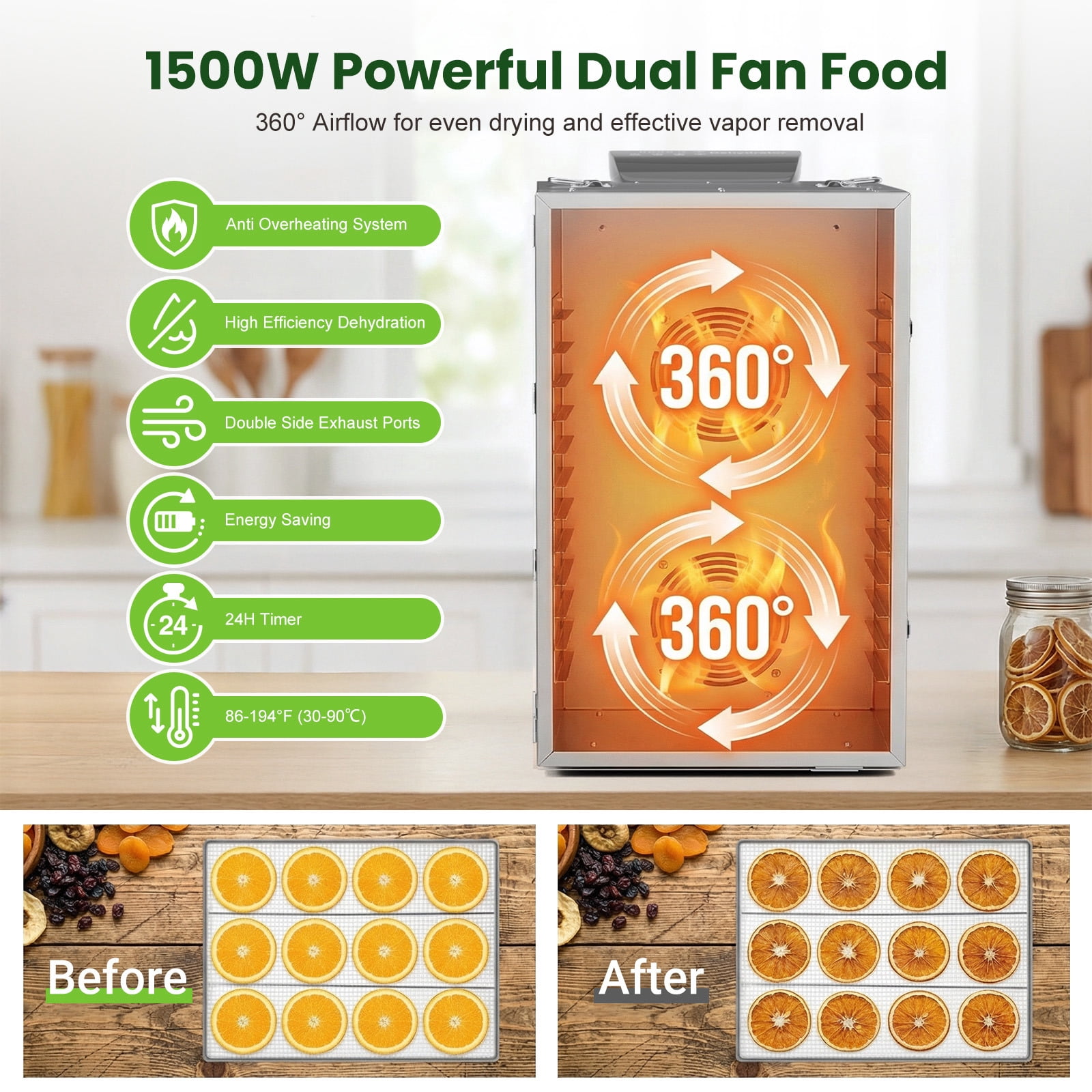 Commercial Food Dehydrator Machine, 1500W Jerky Dehydrators with 20 Stainless Steel Large Trays, 194°F Temperature Control & 24H Timer Food Dryer for Fruit Meat Herb Dog Treats