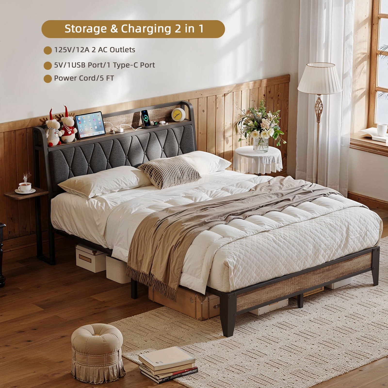 Queen Size Bed Frame with Charging Station, Ergonomic Upholstered Headboard with Side Storage Shelf, Metal Slats Support, Twin Platform Bed Frame, No Box Spring Needed, Black