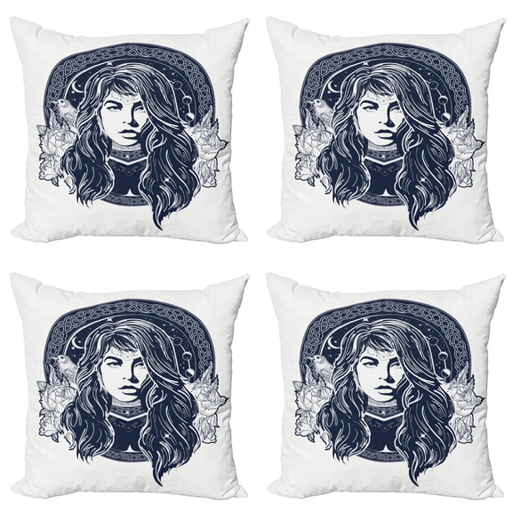Ambesonne Ethnic Throw Pillow Cover 4 Pack, Occult Woman Portrait, 20", White and Dark Blue