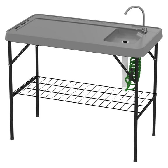 Folding Fish Cleaning Table with Sink, Portable Camping Table with Faucet, Gray