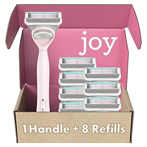 joy Razors for Women, 1 Handle, 8 Razor Blade Refills, Pink, Lubrastrip